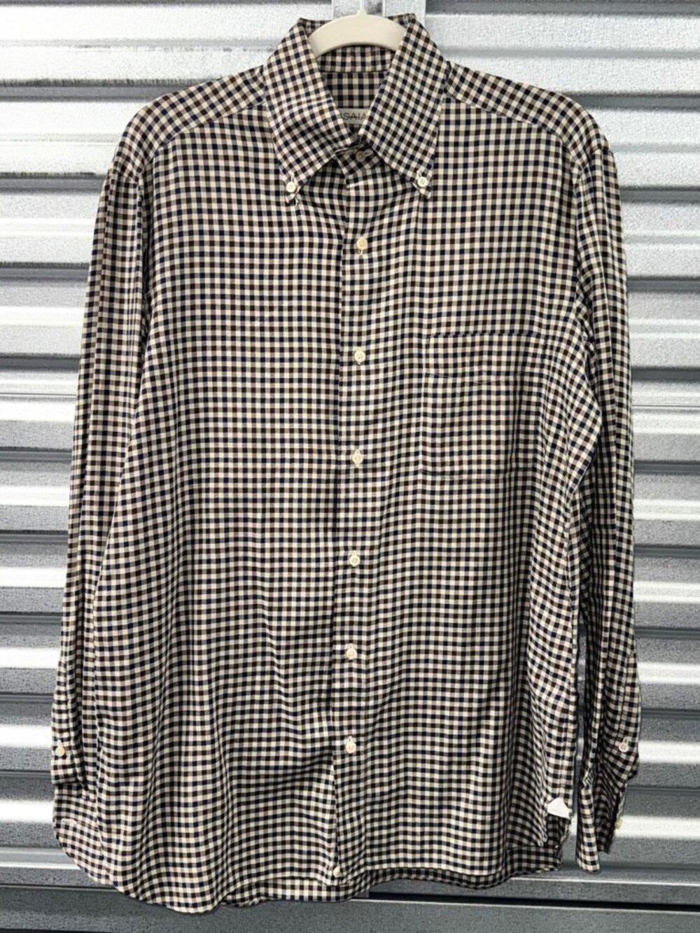 ISAIA BROWN NAVY GINGHAM CHECK DRESS SHIRT BUTTON DOWN